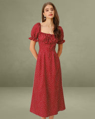 Red Polka Dot A-Line Square Neck Midi Dress