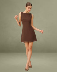 Coffee Round Neck Sleeveless Mini Dress