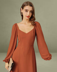 Red Puffed Sleeve Slit Midi Dress