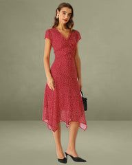 Red Polka Dot Cap Sleeve Midi Dress