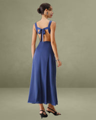 Navy Cowl Neck Satin Sleeveless Maxi Dress