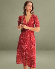 Red Polka Dot Ruched Midi Dress