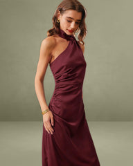 Wine Red Satin One Shoulder Maxi Dress