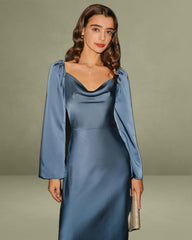 Blue Cowl Neck A-Line Midi Dress