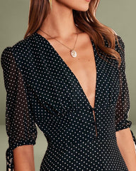 The Black Deep V Neck Polka Dot Mini Dress