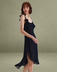 Blue Chiffon Ruffle Slip Midi Dress