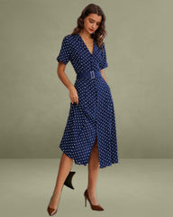 Blue Polka Dot Belted Midi Dress
