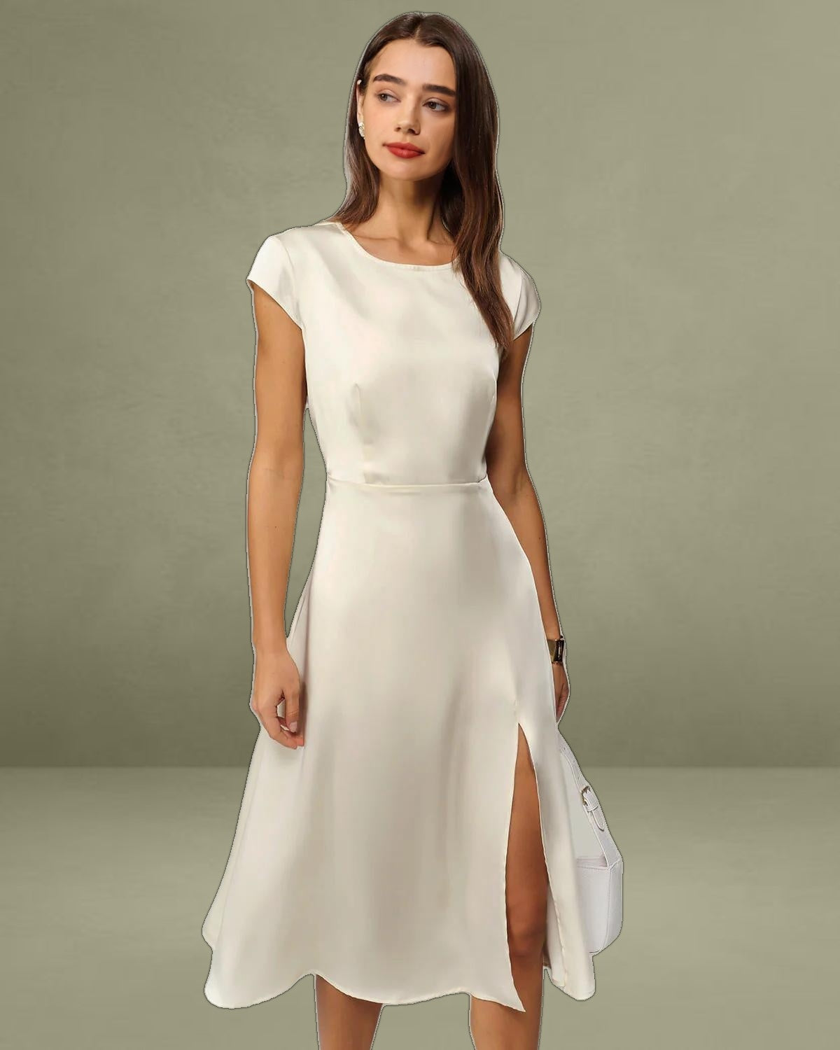 Beige Satin Cut Out Slit Midi Dress