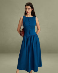 Blue Boat Neck Button Pocket Midi Dress