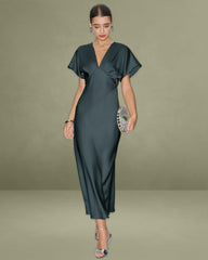 Green Satin Cowl Sleeve Mid-length Dress