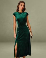 Green Velour A-Line Midi Dress