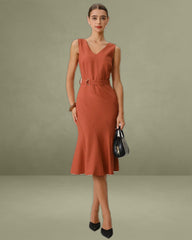 Red V Neck Mermaid Sleeveless Midi Dress