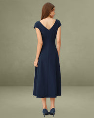 Navy Cap Sleeve A-Line Midi Dress
