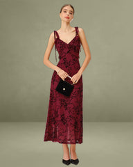 Red Floral Ruffle Slip Midi Dress