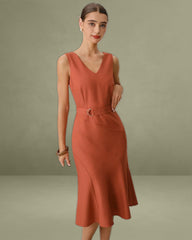 Red V Neck Mermaid Sleeveless Midi Dress