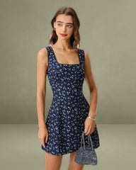 Navy Floral Square Neck Slip Mini Dress