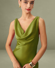 Green Satin Cowl Neck Maxi Dress