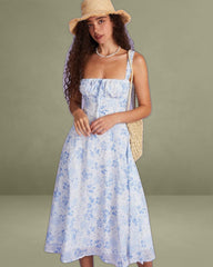 The Blue Square Neck Floral Ruched Midi Dress