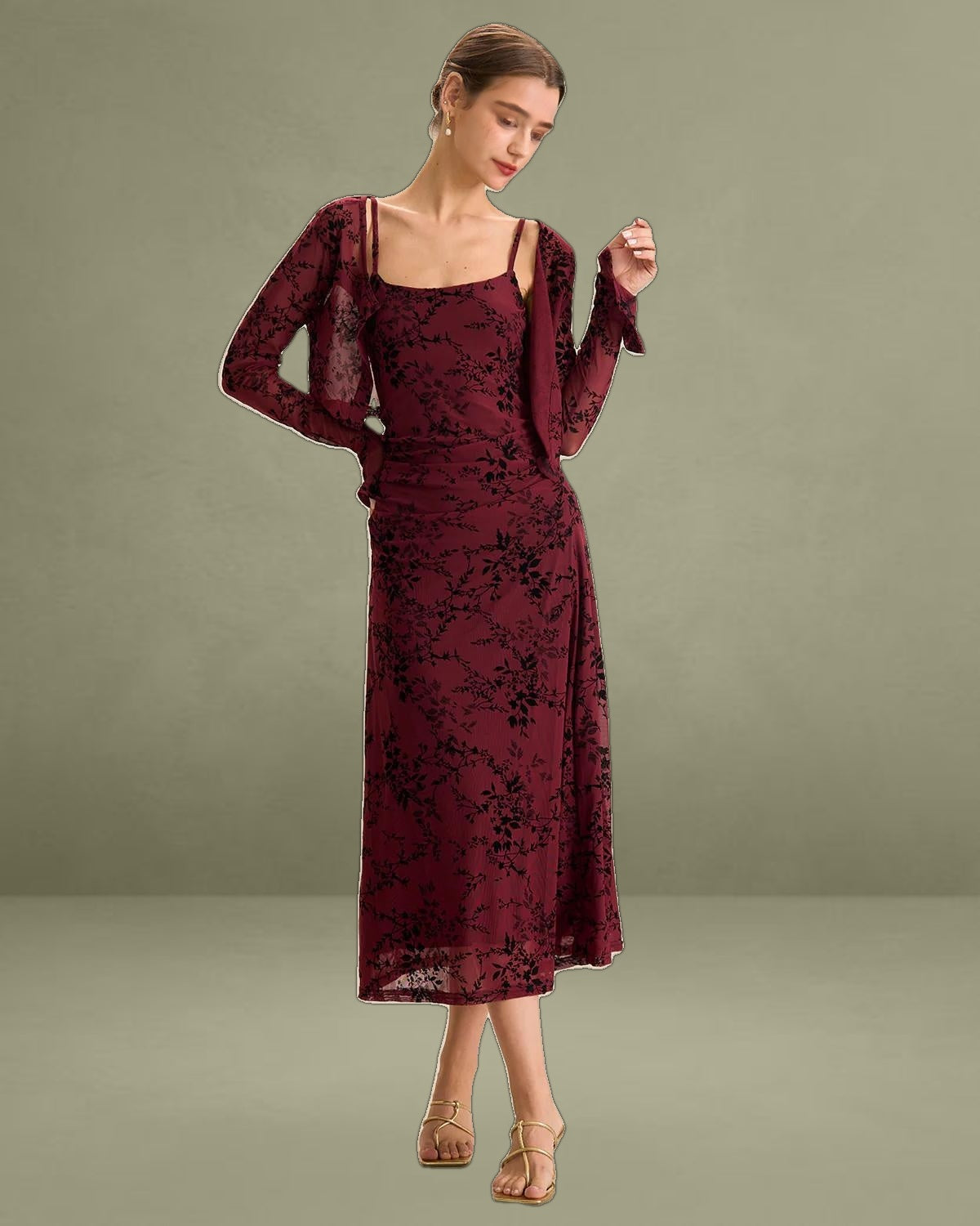 Red Floral Bodycon Slip Midi Dress