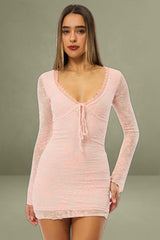 Pink Bodycon Dress Mini Long Sleeve Burnout