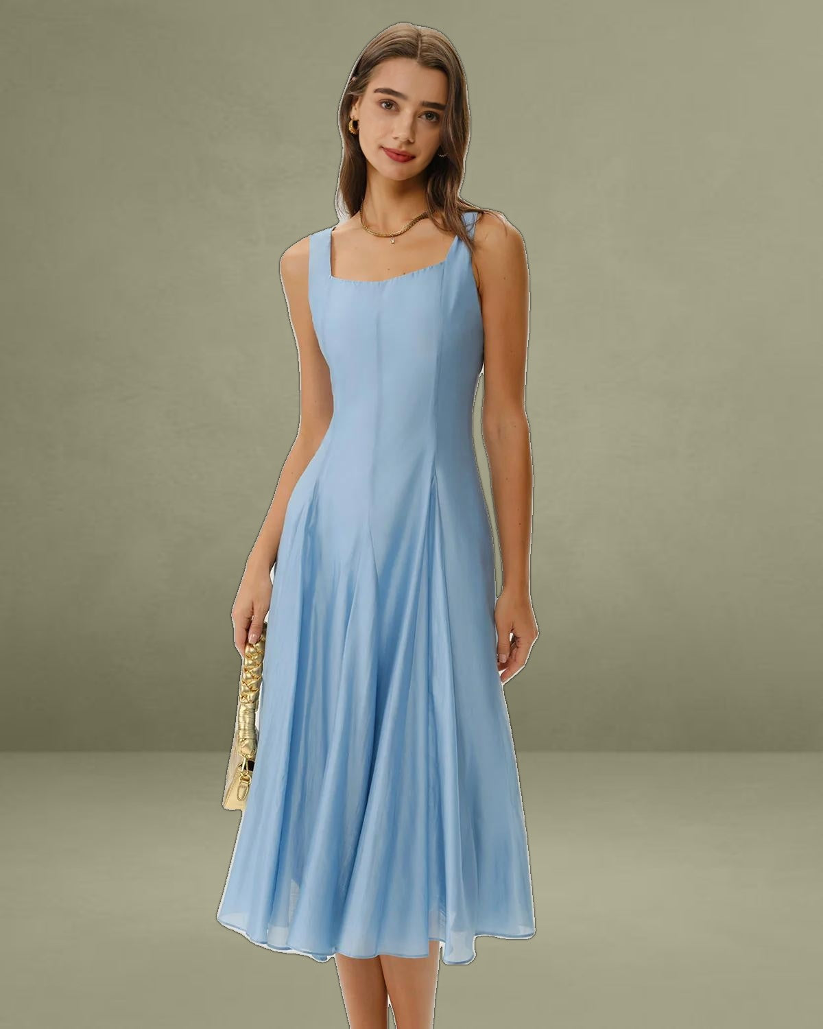 Blue Square Neck A-Line Sleeveless Midi Dress