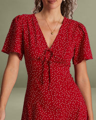 The Red V Neck Polka Dot Flounce Mini Dress