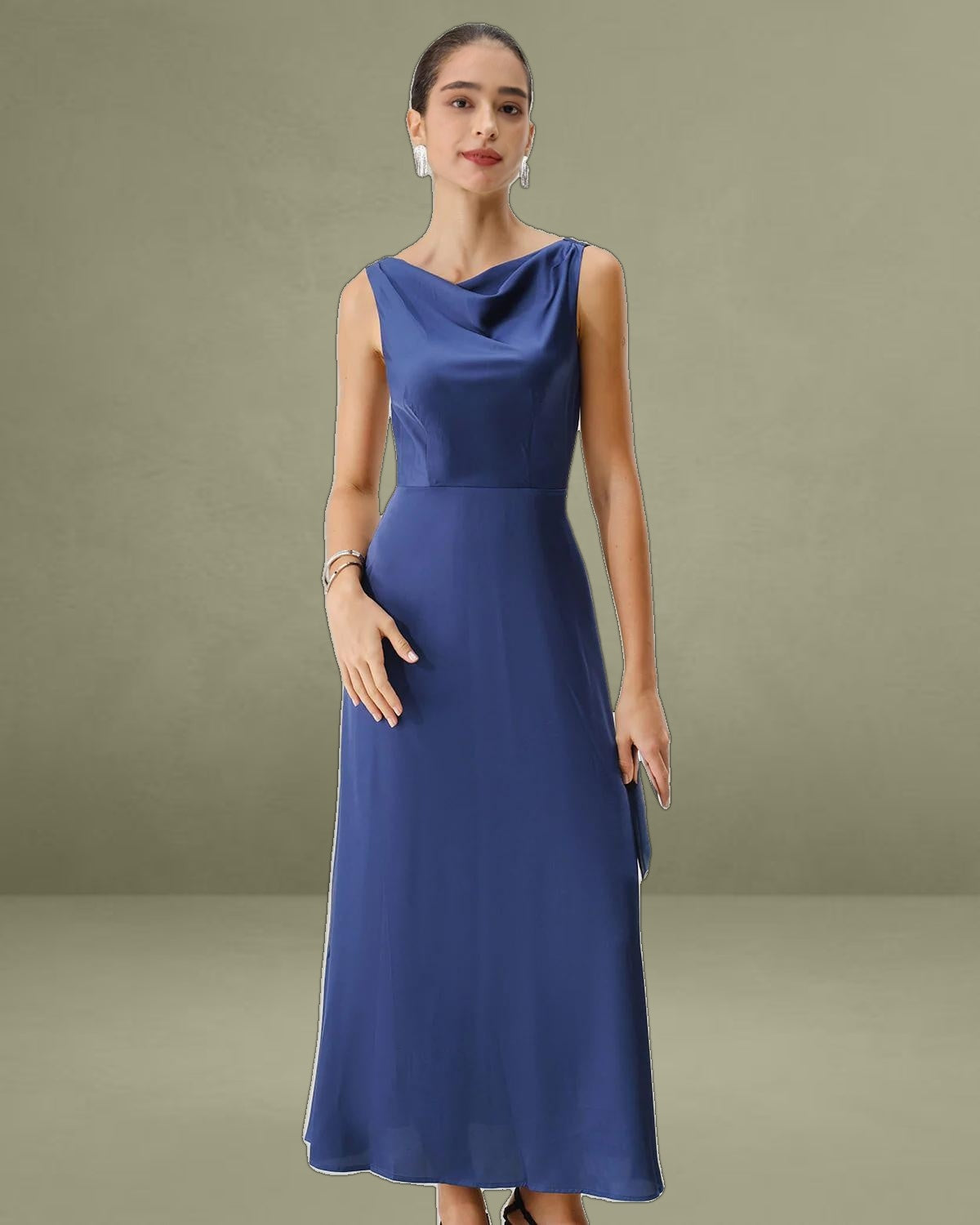 Navy Cowl Neck Satin Sleeveless Maxi Dress