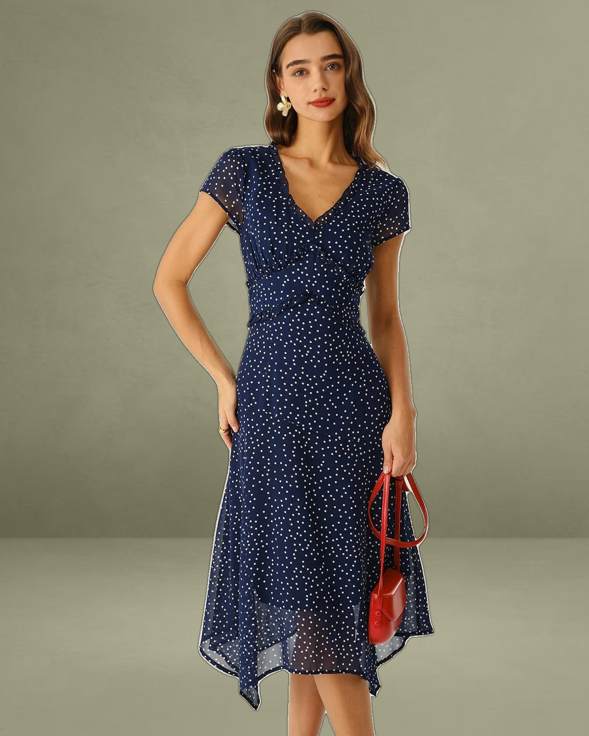 Navy Polka Dot Cap Sleeve Midi Dress