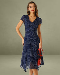 Navy Polka Dot Cap Sleeve Midi Dress