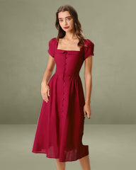 Wine Red Square Neck A-Line Mid-Length Dress