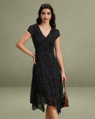 Black V Neck Polka Dot Midi Dress