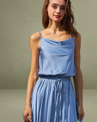 Blue Cowl Neck Slip Midi Dress