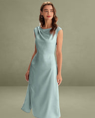 Blue Satin Boat Neck Slit Sleeveless Midi Dress