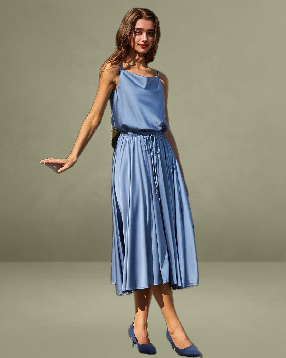 Blue Cowl Neck Slip Midi Dress