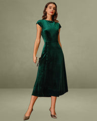 Green Velour A-Line Midi Dress