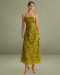Green Floral Ruched Backless Maxi Slip Dress