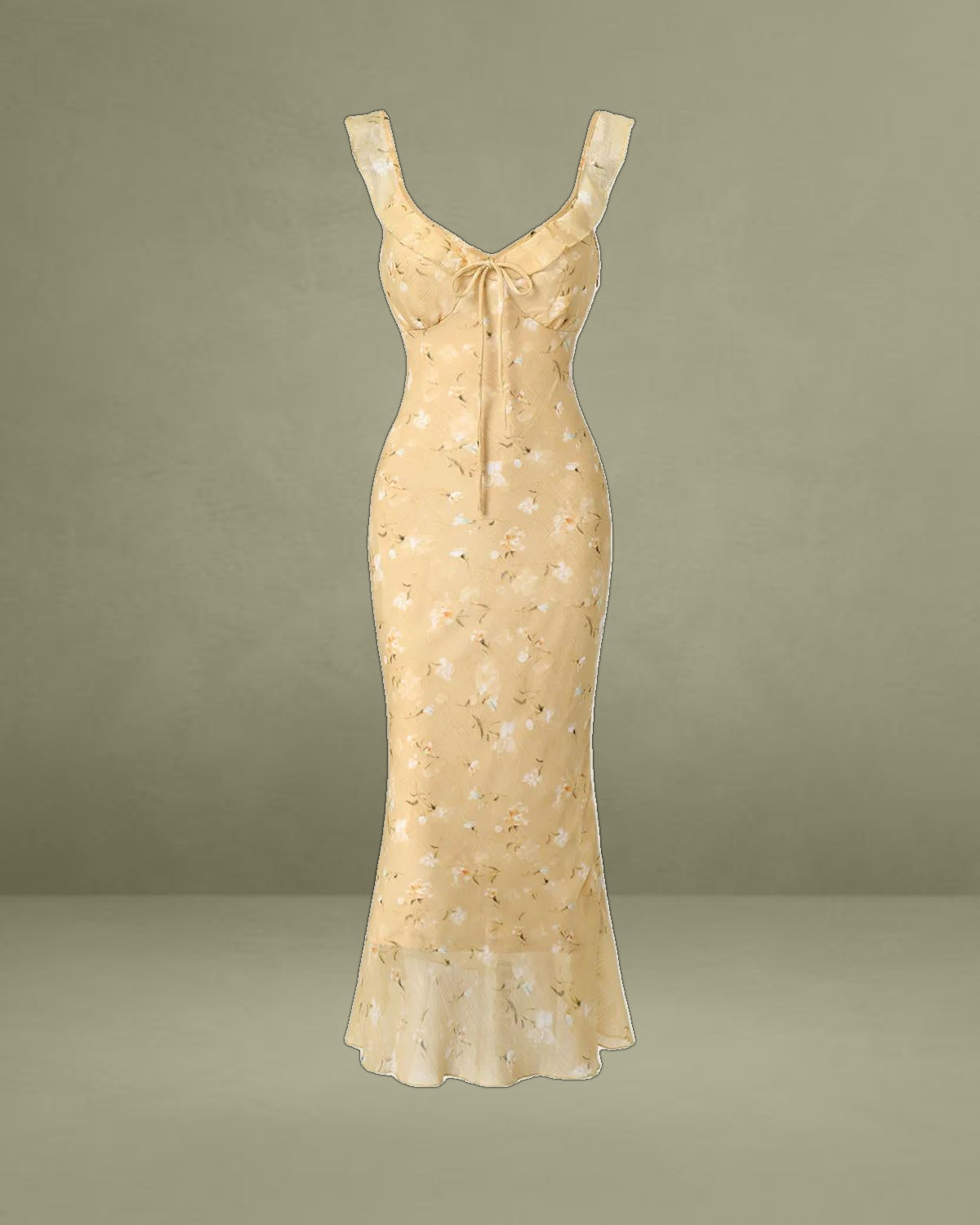 Yellow Floral Ruched Ruffle Midi Dress