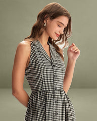 Black Plaid Sleeveless Button Midi Dress