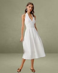 White V Neck Halter Sleeveless Midi Dress