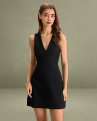 Women's Black V-Neck Sleeveless Mini Dress