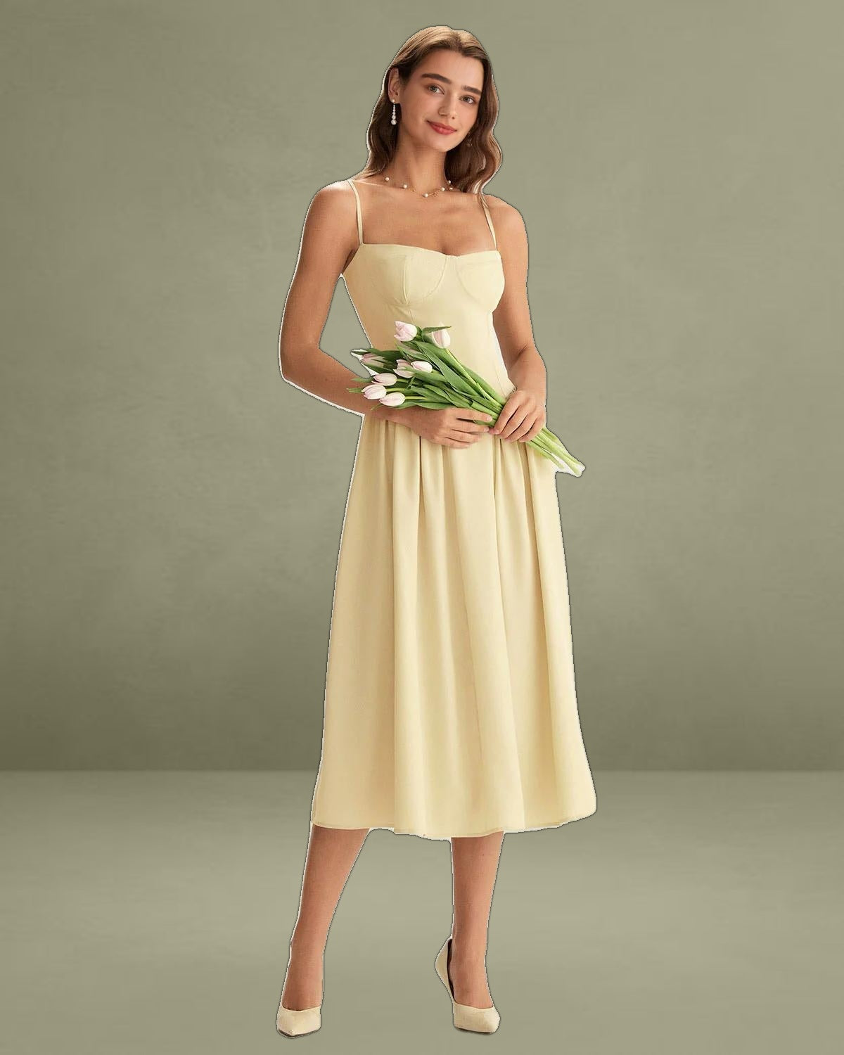 Yellow Square Neck Pocket Slip Midi Dress