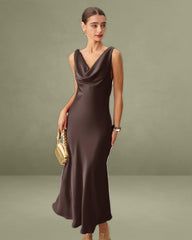 Coffee Satin Cowl Neck Maxi Dress