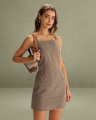 Brown Plaid Slip-on Mini Dress