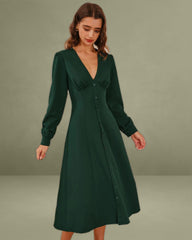 Green Ruched Button Midi Dress