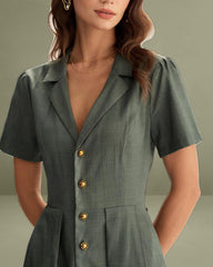 Green V Neck Pleated Button Midi Dress