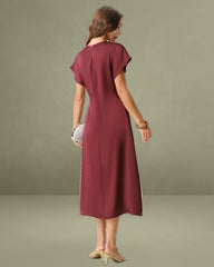 Red Satin Cowl Sleeve A-Line Midi Dress