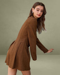 Brown Ruched Button A-Line Mini Dress