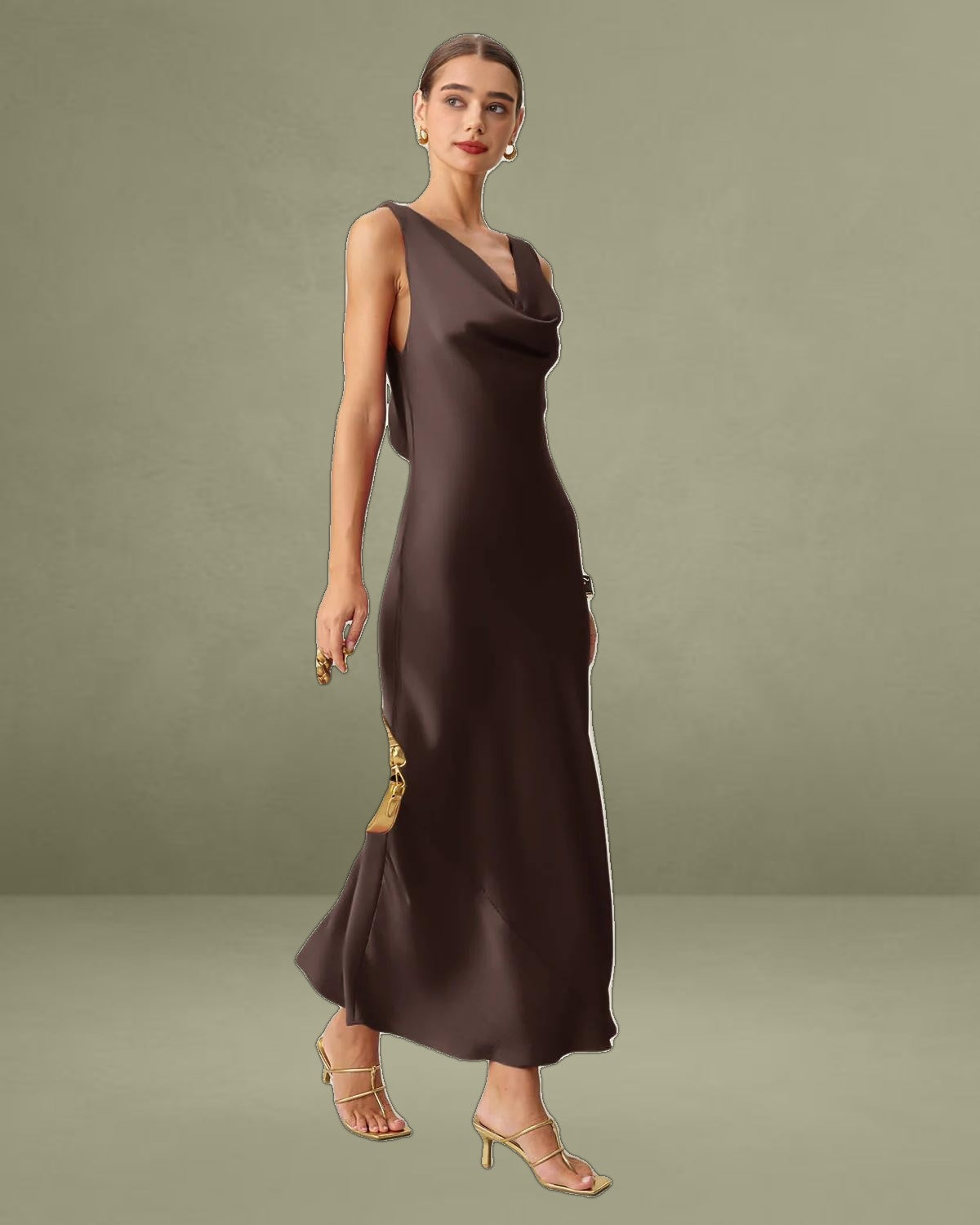 Coffee Satin Cowl Neck Maxi Dress