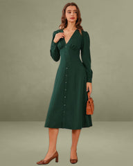 Green Ruched Button Midi Dress