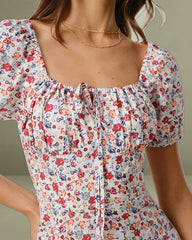 Grey Floral Square Neck Puffed Sleeve Midi Dress